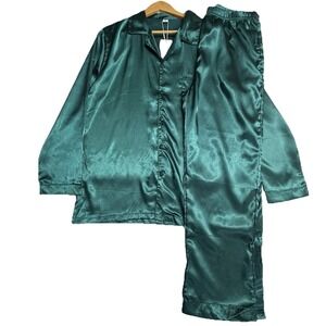 Swomog Satin Pajama Set Green Long Sleeve Button Medium NWT
